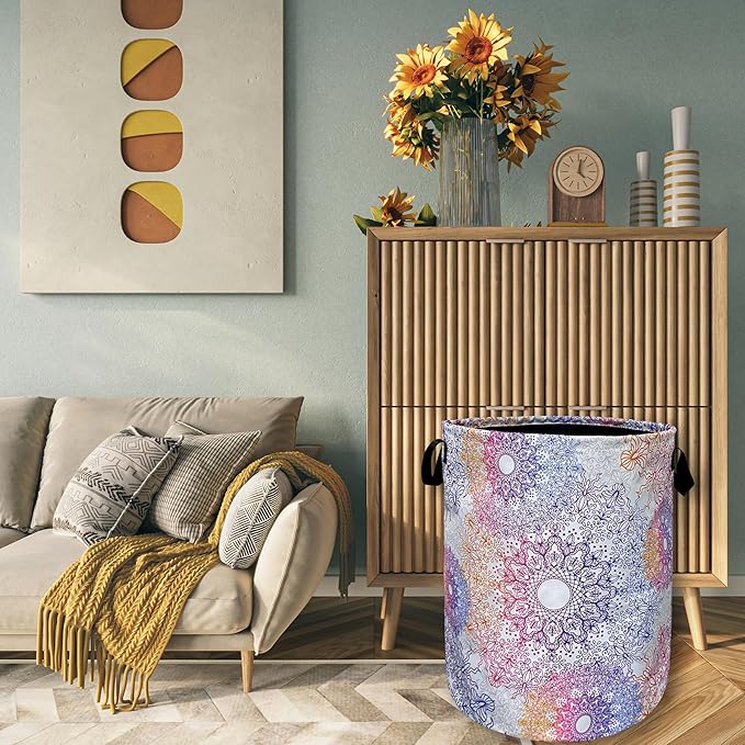 Colorful Mandala Flowers Laundry Basket Foldable With Handles Tote Bag Oxford Cloth Gradiently Laundry Hamper 18.9" x 16.5 "Clothe Storage Bucket Toy Organizer For Bathroom/Laundry/Bedroom