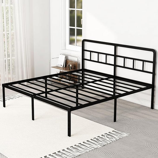 King Size Bed Frame with Headboard, 18 Inch Metal Platform No Box Spring Needed Heavy Duty Steel Slat Mattress Foundation/Easy Assembly/Noise Free/Black