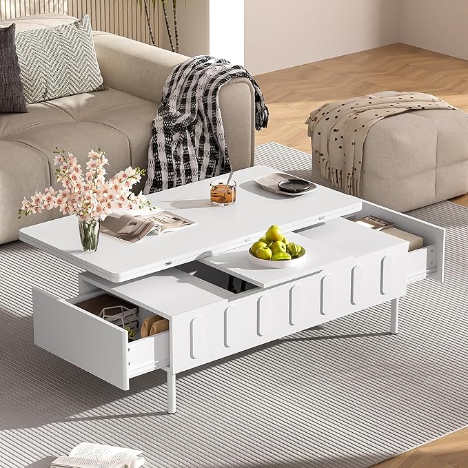 WILLIAMSPACE 43.3" Rectangular Lift-Top Coffee Table with 2 Drawers, Modern Center Table with Foldable Top, Multi-Functional Adjustable Dining Table with Storage Compartment for Living Room, White