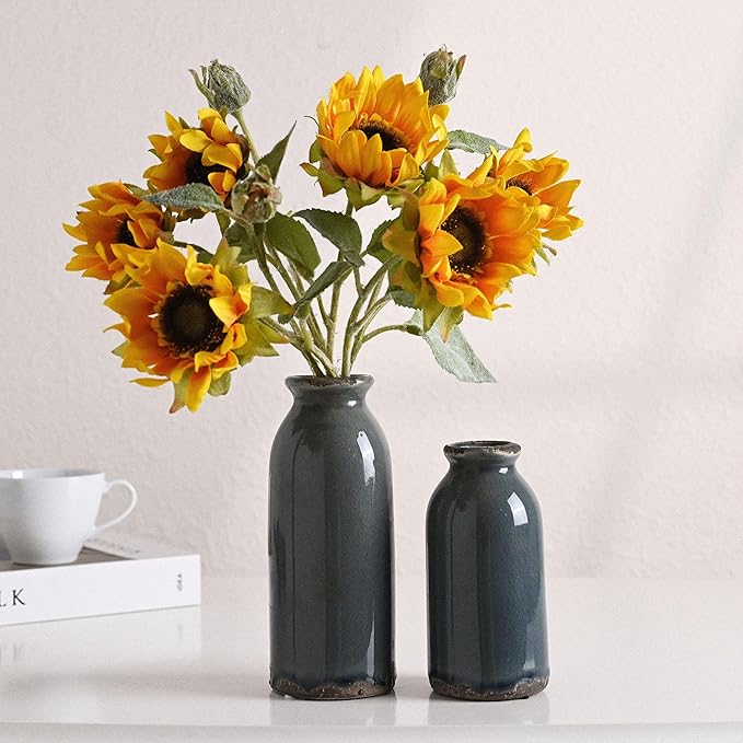 VICTOR & TERESA Blue and Grey Ceramic Vase Home Decor, Farmhouse Vases for Flowers, Flower Vase Set of 2, Rustic Decorative Vases for Pampas Grass, Table, Living Room, Shelf, Centerpieces, 8 inch