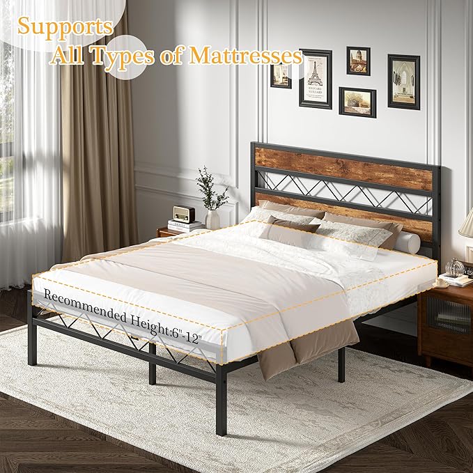 VECELO Full Size Bed Frame with Headboard, Heavy-Duty Platform Bedframe with Metal Slats Support, No Box Spring Needed, Easy Assembly, Black & Brown