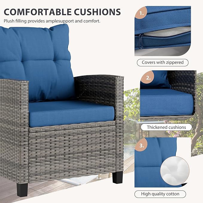 Vongrasig 3 Piece Patio Furniture Set Small Outdoor Wicker Rattan Front Porch Bistro Set Cushioned Patio Chairs Conversation Set with Glass Table for Lawn, Garden, Backyard, Balcony, Poolside (Blue)