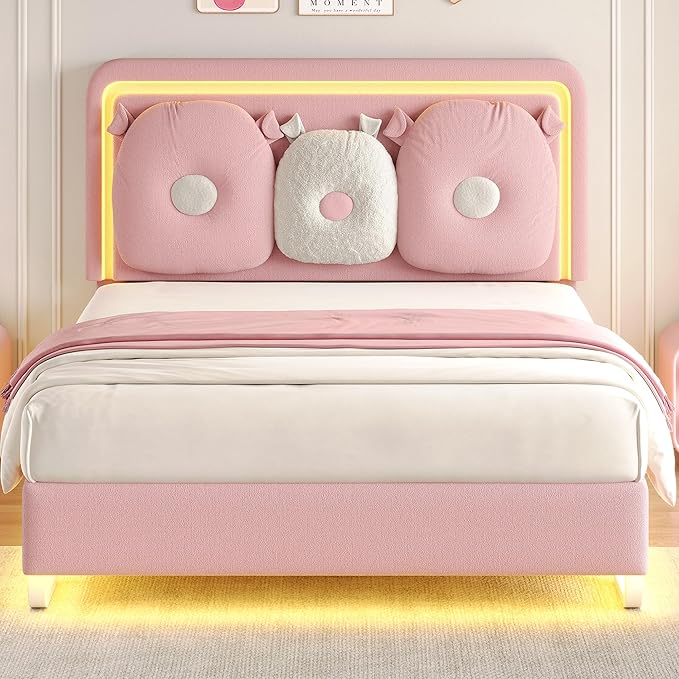 Queen Size Upholstered Bed Frame with LED Lights, Girls Bed with Adjustable Chic Double Headboard, Boucle Princess Platform Bed for Girls, Solid Wood Slats Support, No Box Spring Needed, Pink
