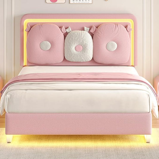 Queen Size Upholstered Bed Frame with LED Lights, Girls Bed with Adjustable Chic Double Headboard, Boucle Princess Platform Bed for Girls, Solid Wood Slats Support, No Box Spring Needed, Pink