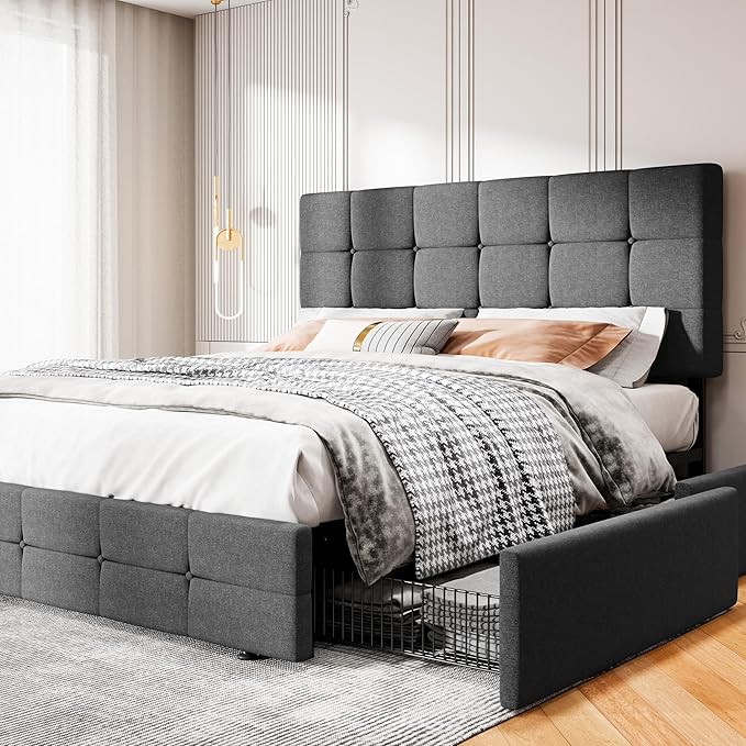 MUTICOR Full Size Bed Frame with 4 Storage Drawers, Upholstered Platform Bed with Button Tufted Adjustable Headboard, No Box Spring Needed, Easy Assembly, Square Tufted, Dark Grey Fabric