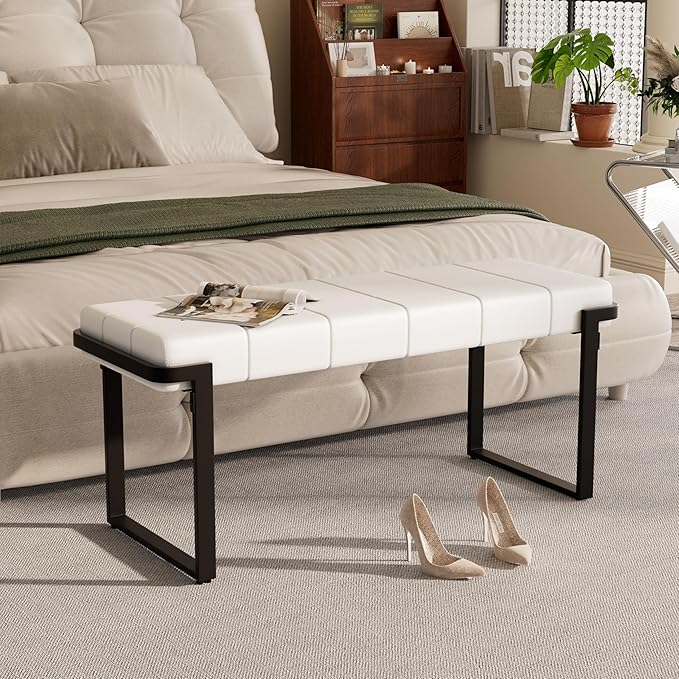 Upholstered Dining Bench, 44.29 Inch Leather Upholstered Bedroom Benches, Entryway Bench for Living Room Kitchen Dining Room(White&Black)