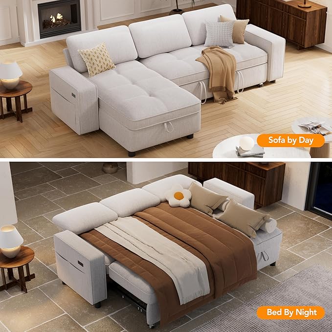 Vipbear Chenille Sleeper Sectional Sofa, 81" L Shaped Couch with Pull Out Bed, Convertible Cloud Sofa with Reclining Backrest | Reversible Storage Chaise | USB Ports | Tool-Free Assembly | Beige