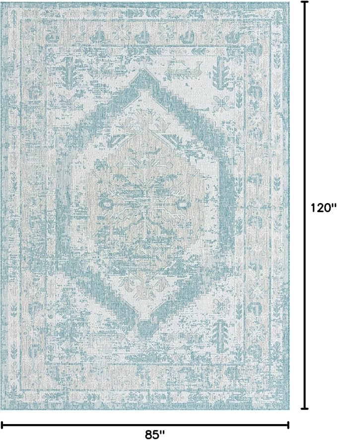 Unique Loom Outdoor Traditional Collection Area Rug - Valeria (7' 1" x 10' Rectangle, Aqua/ Ivory)