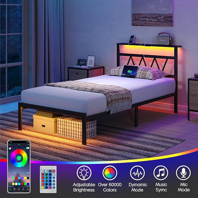 Full Bed Frame with Smart LED Lights, Storage Headboard and USB Charging Station,Heavy Duty Wooden Slats, No Box Spring Needed, Noise Free, Easy Assembly (Classic Black, Twin)