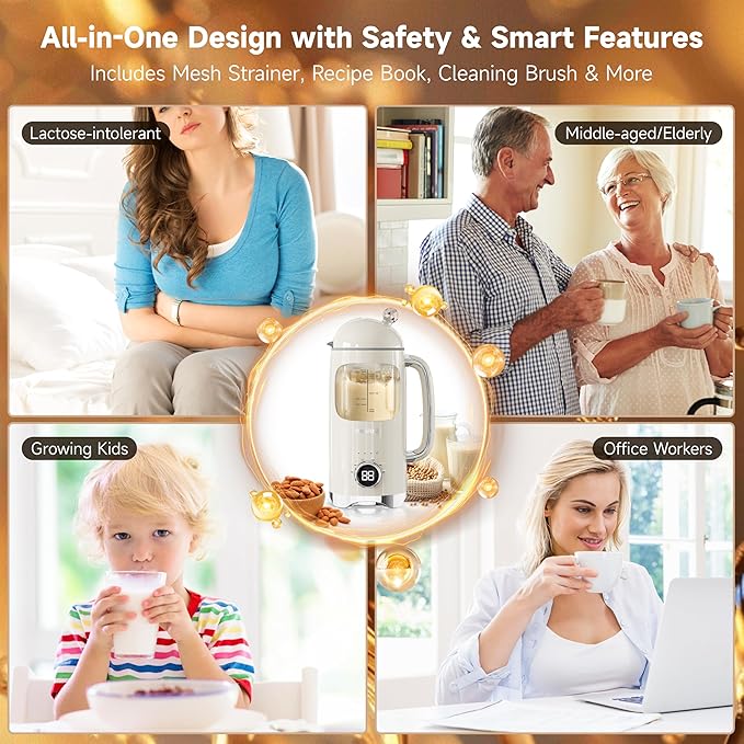 6-in-1 Upgraded 34oz Nut Milk Maker Machine with 8 Stainless Steel Blades, Automatic Plant-Based Milk Maker for Homemade Soy, Almond, Oat, Shakes & More, Keep Warm, Delay Start & Self-Cleaning