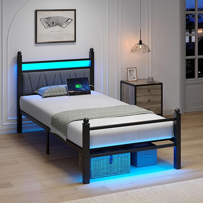 Full Bed Frame with Smart LED Lights, Storage Headboard and USB Charging Station,Heavy Duty Wooden Slats, No Box Spring Needed, Noise Free, Easy Assembly (Modern Black, Twin)