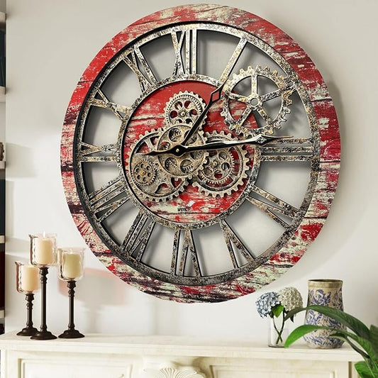 The Gears Clock The Original Real Moving Gear Wall Clock Vintage Industrial Oversized Rustic Farmhouse (24 inch (60cm),Red Lava)