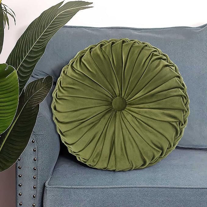 HIG Set of 2 Decorative Round Pleated Throw Pillows, Classy Accent Pumpkin Throw Pillows with Center Button, Vintage Velvet Floor Pillows for Sofa Couch Vanity Chair Bed, Olive, 14.5" Diameter(Ripple)