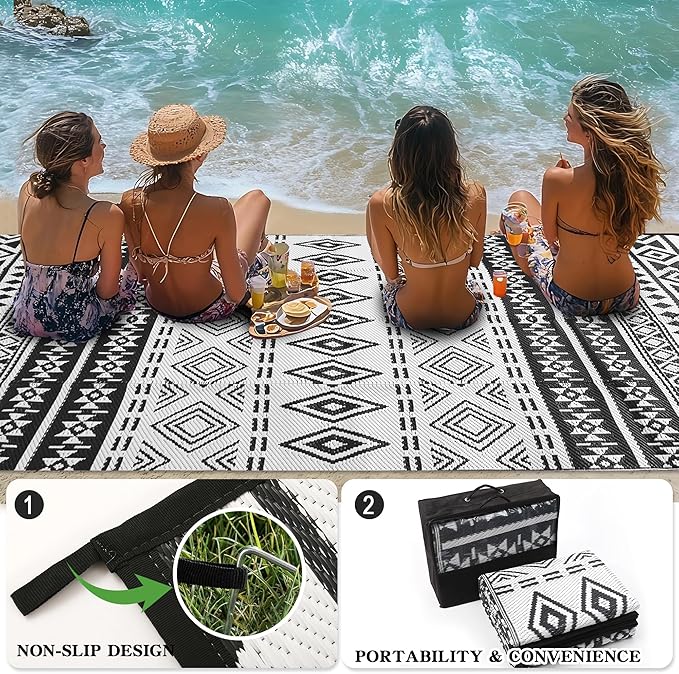 Wallona Outdoor Rugs 5x8 ft Patio Waterproof Clearance Indoor Outdoor Carpet for Patio Plastic Straw Reversible Area Rugs Mat for RV, Camping, Balcony, Beach, Picnic, Porch, Boho Black & White