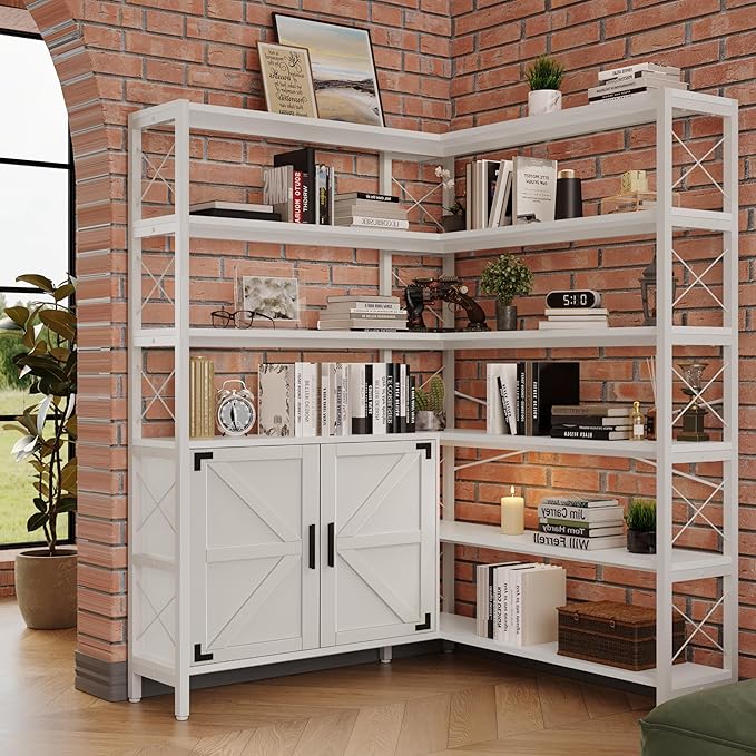 Corner Bookshelf 6 Tier, Large White Wooden Bookcase for Corner,Farmhouse Etagere L Shaped Book-Shelf with Metal Frame & Cabinet for Living Room Home Office