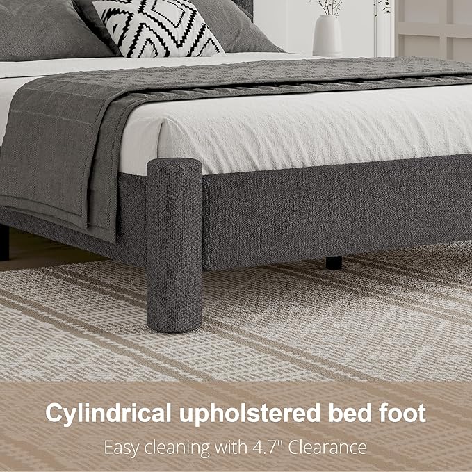 King Size Bed Frame, Boucle Upholstered Platform Bed with Headboard and Footboard, Soft Rounded Corners, No Box Spring Required, Easy Assembly, Dark Grey