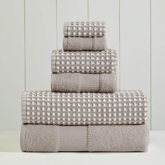 Modern Threads 6-Piece 100% Combed Cotton Yarn Dyed Cobblestone Jacquard Towel Set Flax