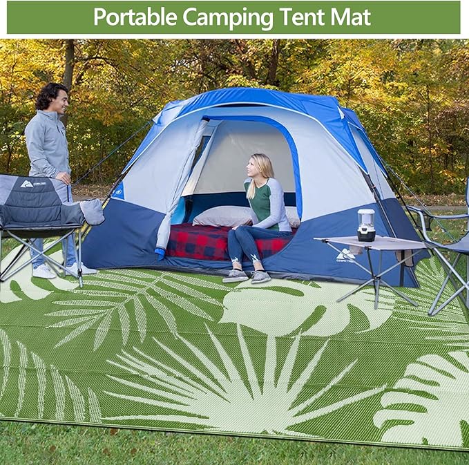 Waterproof Outdoor Rug 8x10 ft, Reversible Plastic Straw Mat with Leaf Pattern, Large Floor Mat for Patio, Camping, Picnic, Backyard RV, Deck, Light Green