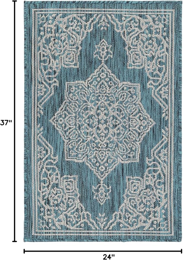 Unique Loom Outdoor Traditional Collection Area Rug - Antique (2' x 3' 1" Rectangle Teal/Ivory)