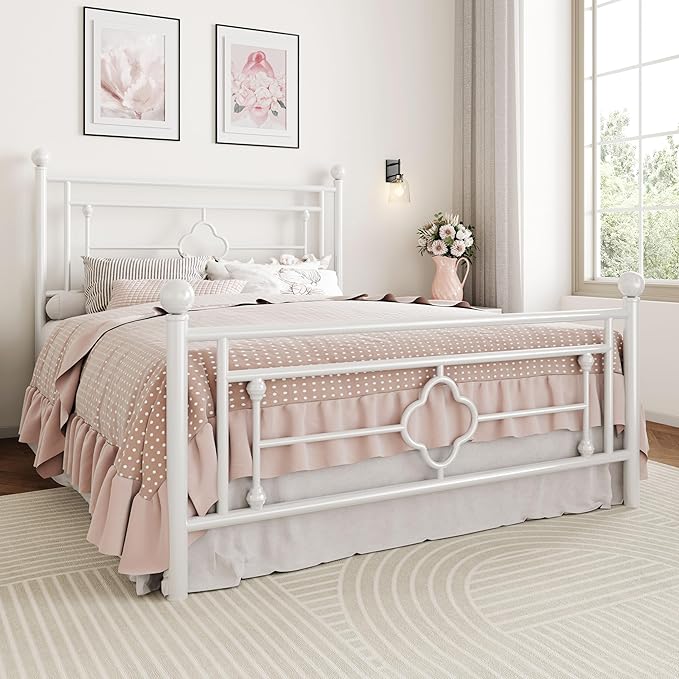 SHA CERLIN 14 Inches Queen Size Metal Platform Bed Frame/Vintage Iron-Art Headboard and Footboard/Mattress Foundation for Storage/No Box Spring Needed/Noise-Free/Easy Assembly/White
