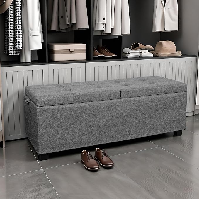 Metal Storage Ottoman, End of Bed Bench, Foot Stool with Legs, Storage Chest Footrest for Bedroom, Entryway, Living Room, 15.7 x 43 x 15.7 Inches, Linen Grey