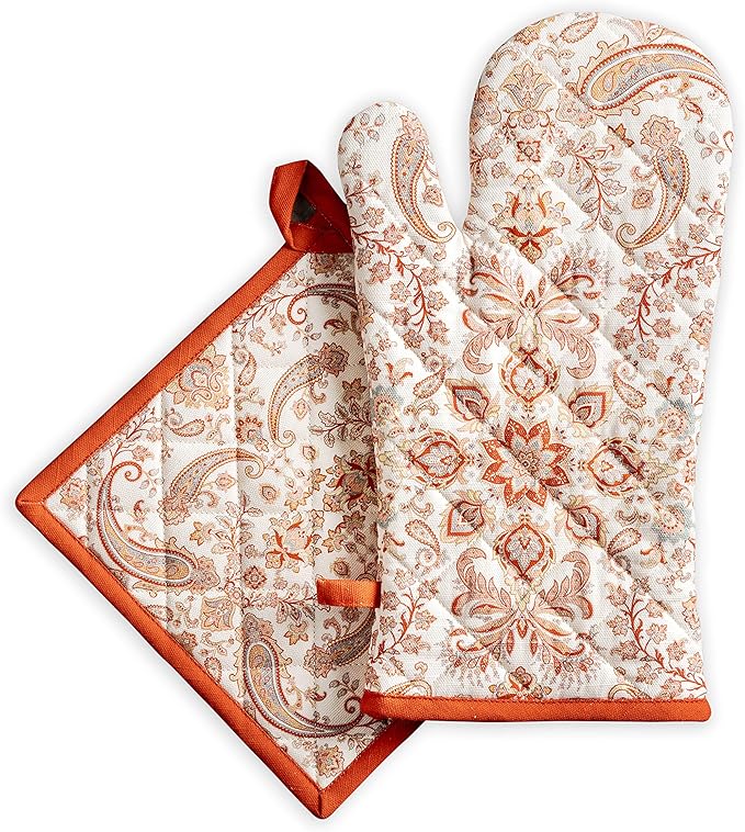 Maison d' Hermine 100% Cotton Oven Mitt & Pot Holder Set (7.5"x13" & 8"x8") Heat Resistant BBQ Cooking Gloves with Loop for Thanksgiving Christmas Decorations Handling Hot Pans (Cachemire)