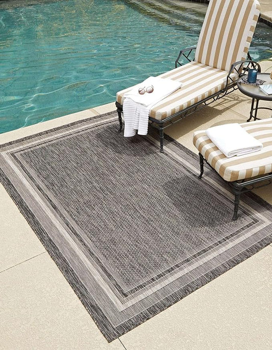 Unique Loom Outdoor Border Collection Area Rug - Soft Border (7' 10" x 10' Rectangle Black/Ivory)