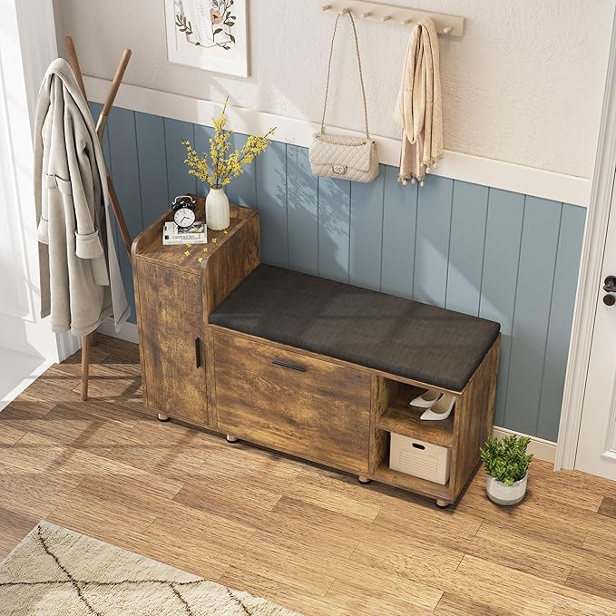Maupvit Shoe Storage Bench with Flip Drawer Shoe Cabinet, 8 Height Adjustable Metal Feet, Entryway Bench with Removable Seat Cushion, Shoe Bench Rack for Entryway, Rustic Brown