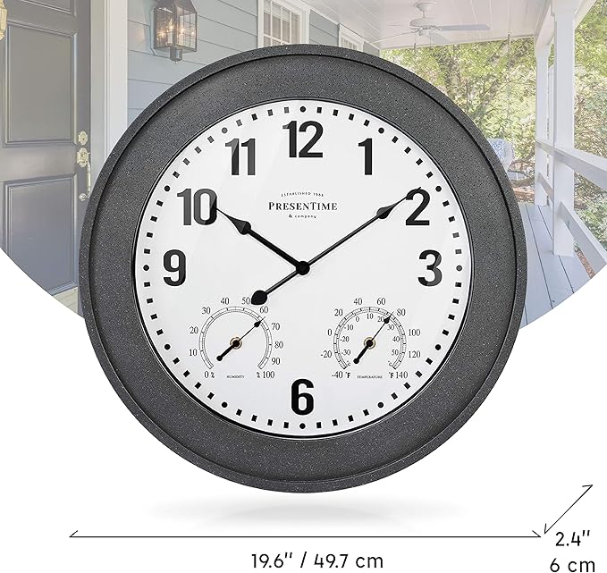 Presentime & Co. 20" Bradford Indoor/Outdoor Farmhouse Clock with Weather Station, Gray Stone Finish