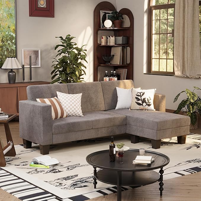 VICTONE Convertible Sectional Sofa Couch, 3 Seat L-Shaped Sofa with Linen Fabric Ottoman Small Couch for Small Apartments, Living Room and Office (Corduroy, Gray)