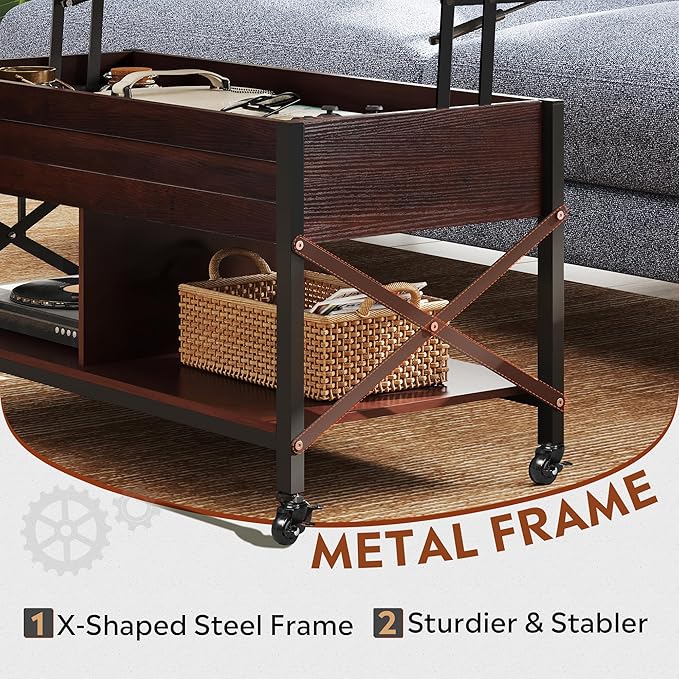 WLIVE Coffee Table, 41.3" Lift Top Coffee Table with 4 Wheels, Hidden Compartment, Storage Shelf and Lift Tabletop for Living Room, Reception Room, Espresso