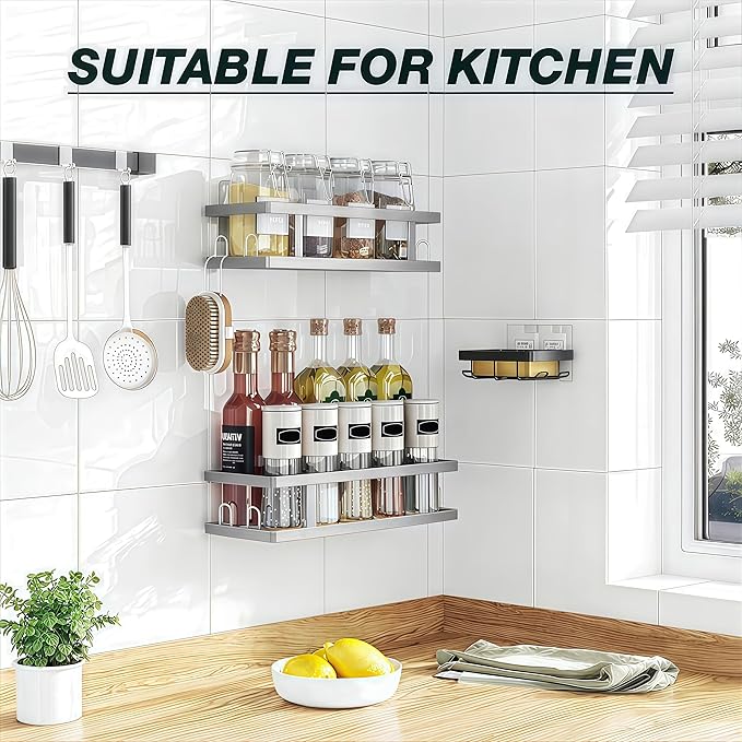 Adhesive Shower Caddy,Shower Shelves with Soap Holder and 12 Hooks,Rustproof No Drilling Bathroom Organizer and Storage,Silver,3 Pack