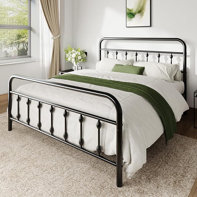 Allewie Queen Size Metal Platform Bed Frame with Victorian Style Iron-Art Headboard and Footboard, Easy Assembly, Under Bed Storage, No Box Spring Required, Black
