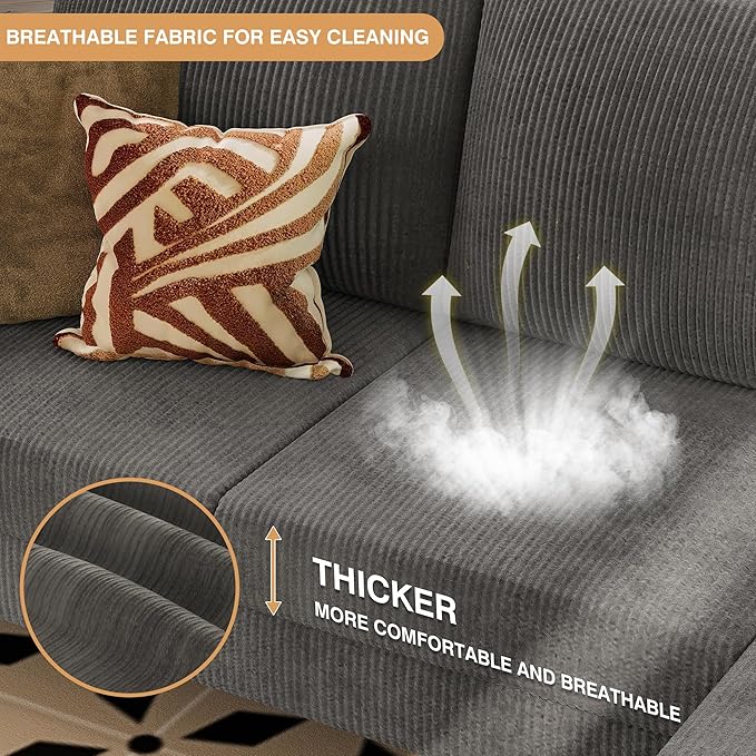 VICTONE Convertible Sectional Sofa Couch, 3 Seat L-Shaped Sofa with Linen Fabric Ottoman Small Couch for Small Apartments, Living Room and Office (Corduroy, Gray)