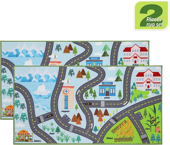 BEQHAUSE Kids Room Rug City Life 2pcs, 32”x60” Educational Road Traffic Kids Rug, Non Slip Washable Play Mat Carpets for Children's Bedroom Playroom Nursery Room Decor