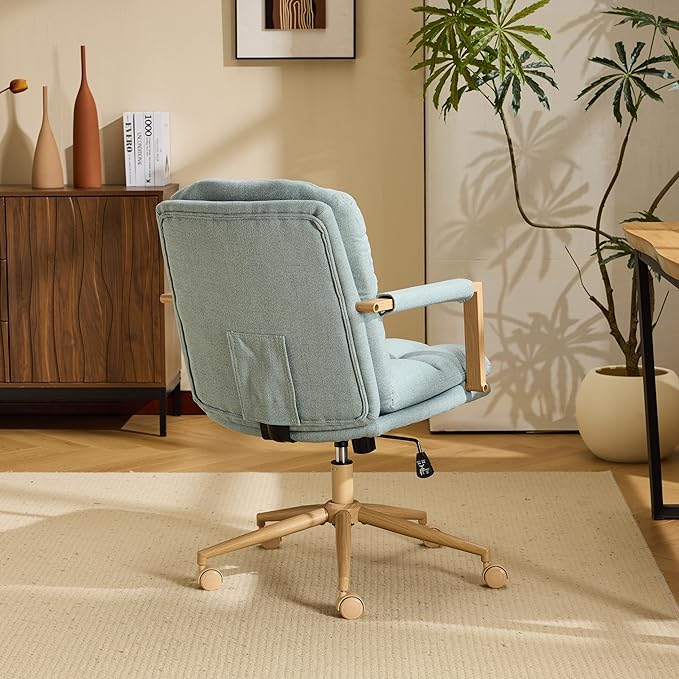 VINGLI Comfy Linen Office Desk Chair With Wheels &Detachable Cushions& Wood-like Armrests,Swivel Small Computer Task Chair,Adjustable for Girl Makeup Vanity,Teen/Kids Study,Nail Tech,Sewing,Teel Green
