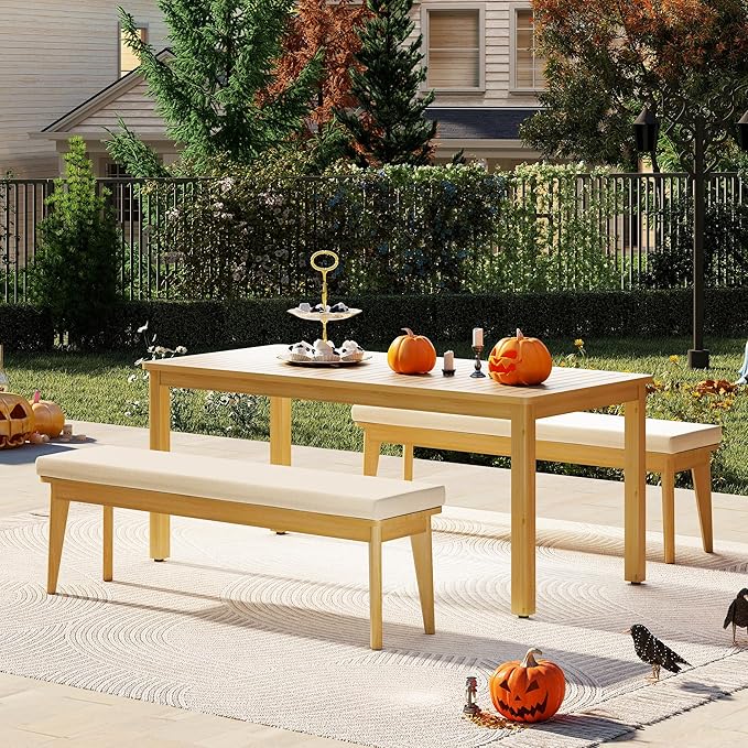 Wisteria Lane 3 Pieces Acacia Patio Dining Set for 4, Patio Dining Table and Chairs Set with Cushion, Modern Outdoor Dining Furniture Set for Lawn Backyard Garden Deck, Beige