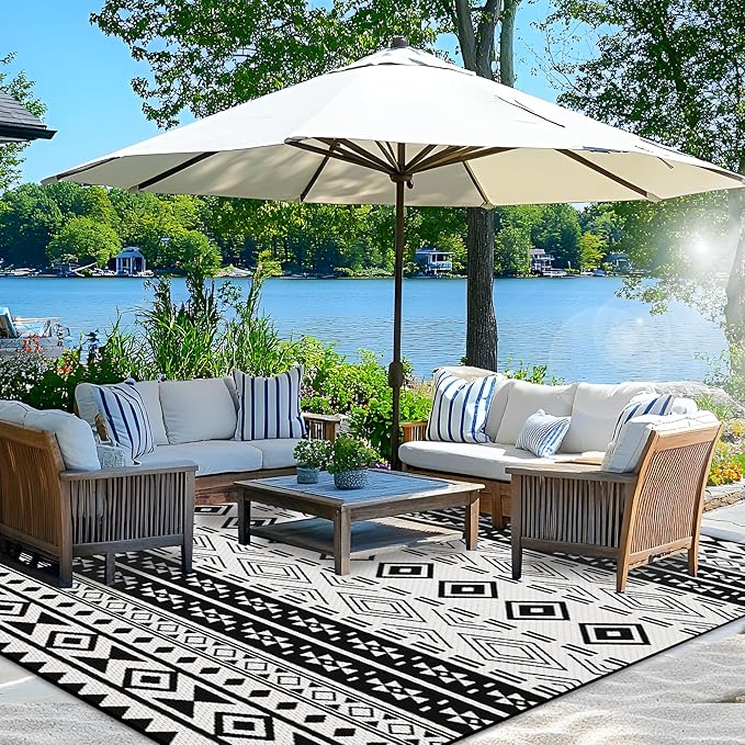 Wallona Outdoor Rugs 8x10 ft Patio Waterproof Clearance Indoor Outdoor Large Carpet for Patio Plastic Straw Reversible Area Rugs Mat for RV, Camping, Balcony, Beach, Picnic, Porch, Boho Black & White