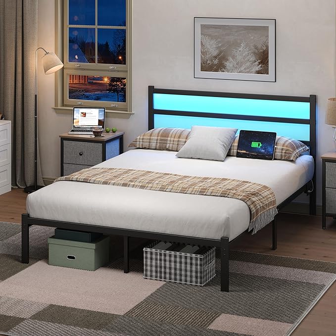 Full Bed Frame with Smart LED Lights, Storage Headboard and USB Charging Station,Heavy Duty Wooden Slats, No Box Spring Needed, Noise Free, Easy Assembly (Minimalist Black, Full)