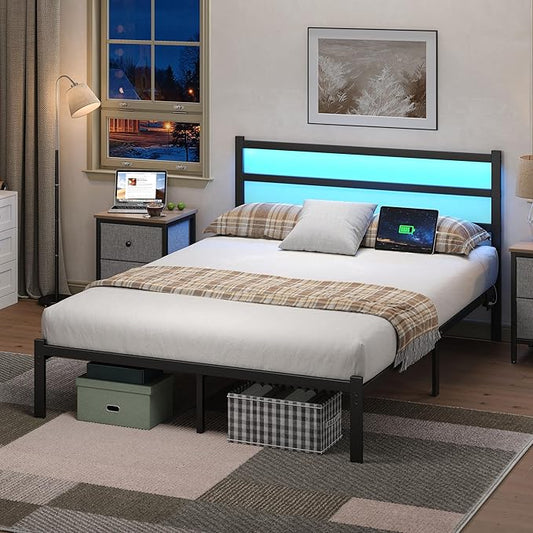 Full Bed Frame with Smart LED Lights, Storage Headboard and USB Charging Station,Heavy Duty Wooden Slats, No Box Spring Needed, Noise Free, Easy Assembly (Minimalist Black, Full)