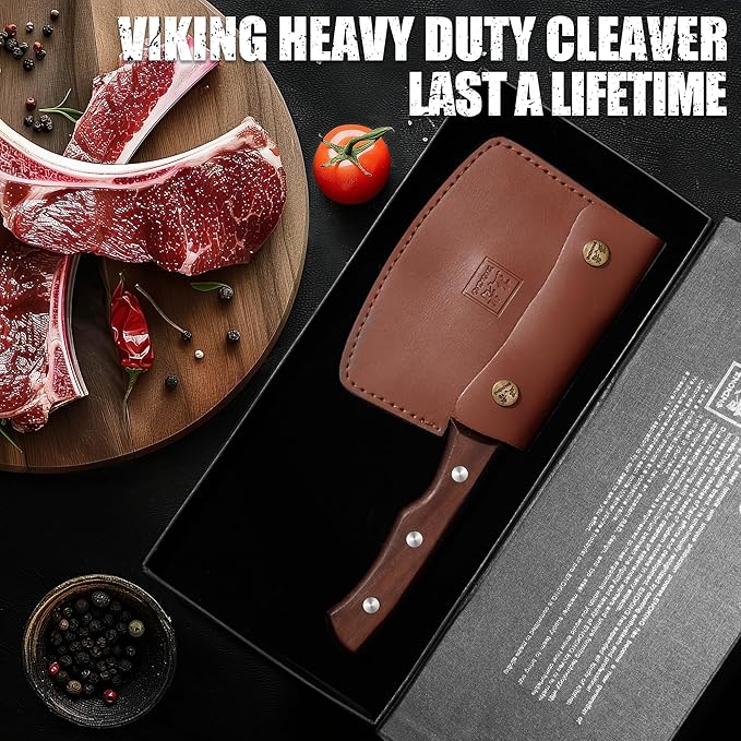 ENOKING Meat Cleaver, 5.7 Inch Bone Chopper Axe with Wood Handle, Heavy Duty Full Tang Chopping Knife for Kitchen, Camping, BBQ, Outdoor