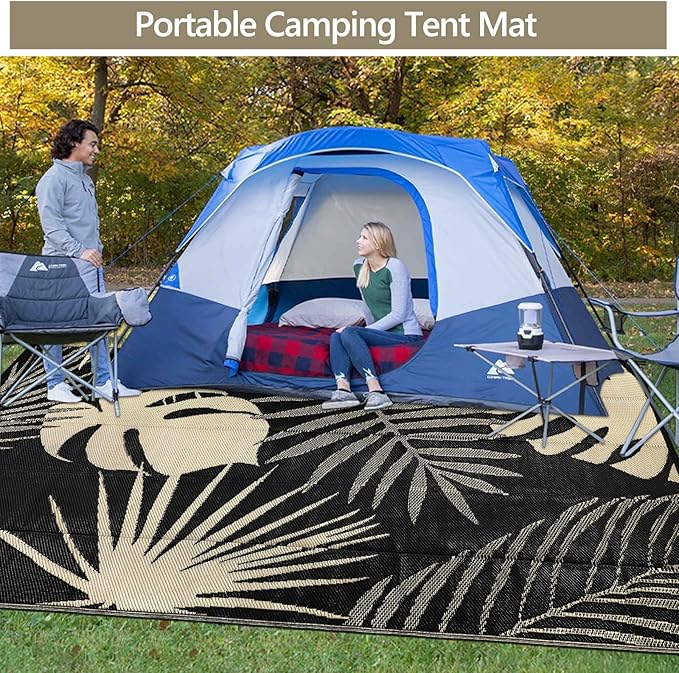 Waterproof Outdoor Rug 8x10 ft, Reversible Plastic Straw Mat with Leaf Pattern, Large Floor Mat for Patio, Camping, Picnic, Backyard RV, Deck, Black