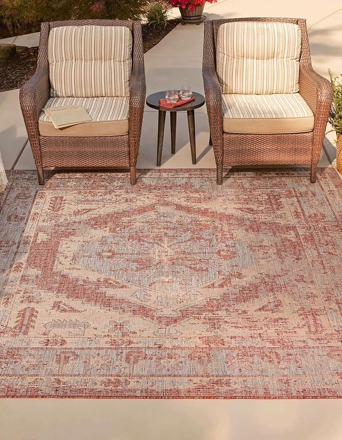 Unique Loom Outdoor Traditional Collection Area Rug - Valeria (13' Square Rust Red/Ivory)