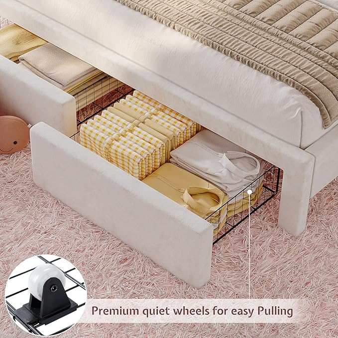 Jocisland Full Bed Frame with 51" Tall & Thick Adjustable Headboard, Storage Drawers, RGB LED Lights, No Box Spring Needed, Velvet Upholstered, Cream