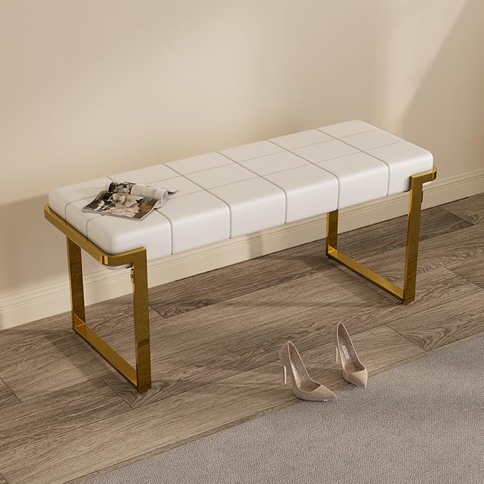 Upholstered Dining Bench, 44.29 Inch Leather Upholstered Bedroom Benches, Entryway Bench for Living Room Kitchen Dining Room(White&Gold)