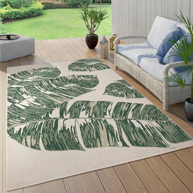 Tropical Outdoor Rug Jungle Leaves Design for Patio in Green Beige, Size: 4'7" x 6'7"