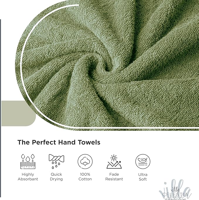 100% Cotton Hand Towel Set of 2, (16 x 28 inches) Sustainable, Soft, Highly Absorbent, Quick Drying, Combed Cotton Hand Towels Pack of 2 Ideal for Hotels, Spa, Bathroom, Dorm, Sage