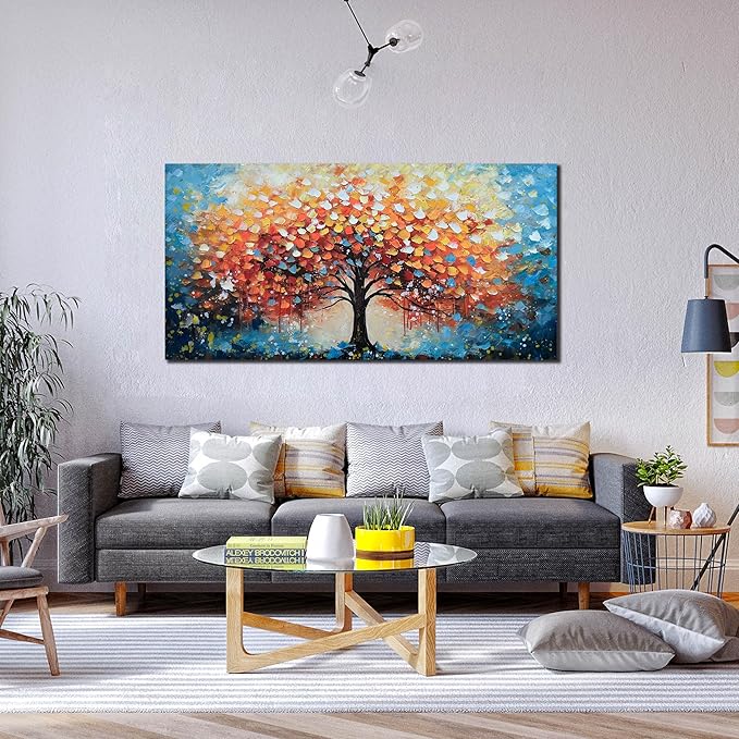 Zoyotago Large Canvas Wall Art for Living Room Bedroom Home Office Orange Yellow Tree of Life Wall Art Modern Hand-painted Oil Painting Size 29x59