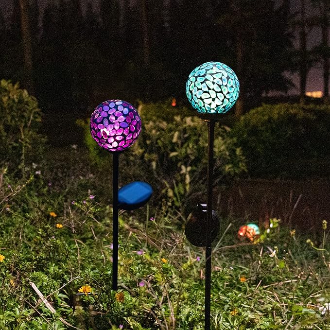VCUTEKA Solar Garden Decorative Lights Outdoor, Mosaic Solar Light Waterproof LED Pathway Stake Light for Landscape Patio Yard Deck Walkway Decoration, 2 Pack (Blue&Purple)