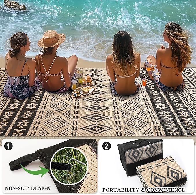 Wallona Outdoor Rugs 9x12 ft Patio Waterproof Clearance Indoor Outdoor Large Carpet for Patio Plastic Straw Reversible Area Rugs Mat for RV, Camping, Balcony, Beach, Picnic, Porch, Boho Black & Beige